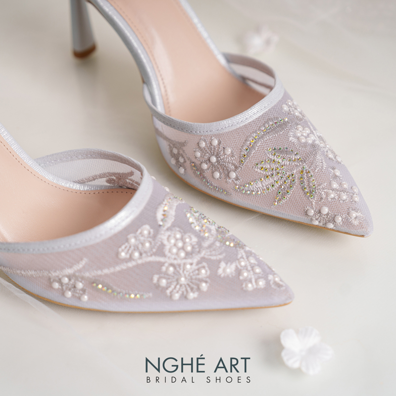 Giày cưới Nghé Art basic ren lưới thêu vàng champagne 556-9P-LUOI-XAM - Ảnh 6 - Nghé Art Bridal Shoes – 0822288288