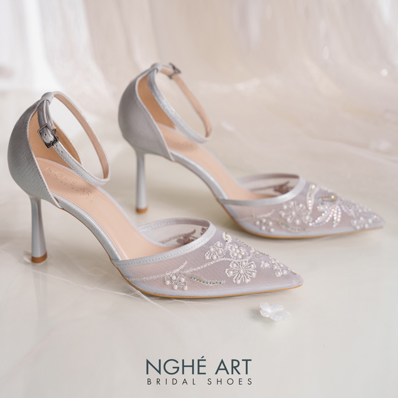 Giày cưới Nghé Art basic ren lưới thêu vàng champagne 556-9P-LUOI-XAM - Ảnh 7 - Nghé Art Bridal Shoes – 0822288288