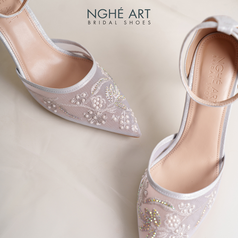 Giày cưới Nghé Art basic ren lưới thêu vàng champagne 556-9P-LUOI-XAM - Ảnh 8 - Nghé Art Bridal Shoes – 0822288288