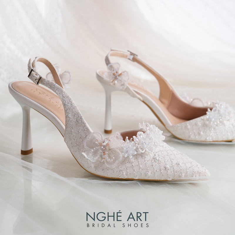 Giày cưới Nghé Art form slingback ren hoa voan pha lê 560-535-NHU-TRANG - Ảnh 1 - Nghé Art Bridal Shoes – 0822288288