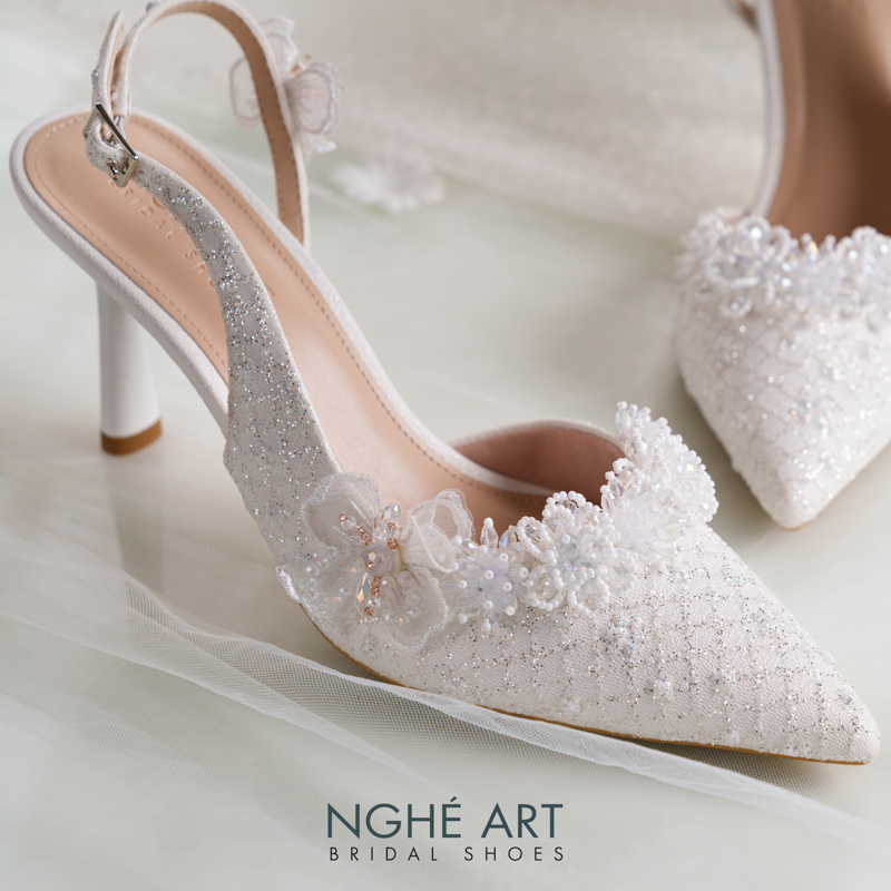 Giày cưới Nghé Art form slingback ren hoa voan pha lê 560-535-NHU-TRANG - Ảnh 2 - Nghé Art Bridal Shoes – 0822288288