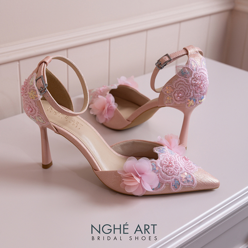 Giày cưới Nghé Art ren kim sa phối hoa hồng pastel 569-340-9P-NHU-HONG - Ảnh 1 - Nghé Art Bridal Shoes – 0822288288