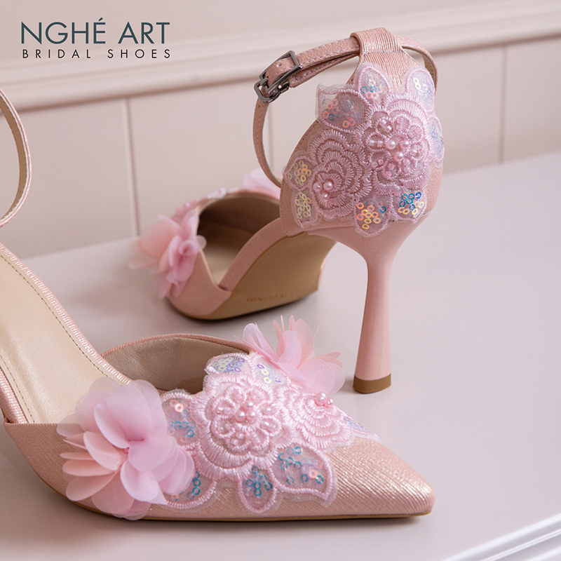 Giày cưới Nghé Art ren kim sa phối hoa hồng pastel 569-340-9P-NHU-HONG - Ảnh 2 - Nghé Art Bridal Shoes – 0822288288