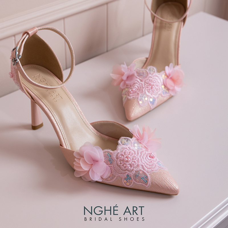 Giày cưới Nghé Art ren kim sa phối hoa hồng pastel 569-340-9P-NHU-HONG - Ảnh 3 - Nghé Art Bridal Shoes – 0822288288