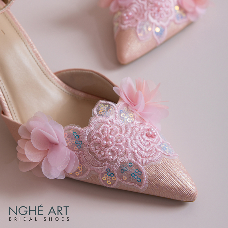 Giày cưới Nghé Art ren kim sa phối hoa hồng pastel 569-340-9P-NHU-HONG - Ảnh 4 - Nghé Art Bridal Shoes – 0822288288