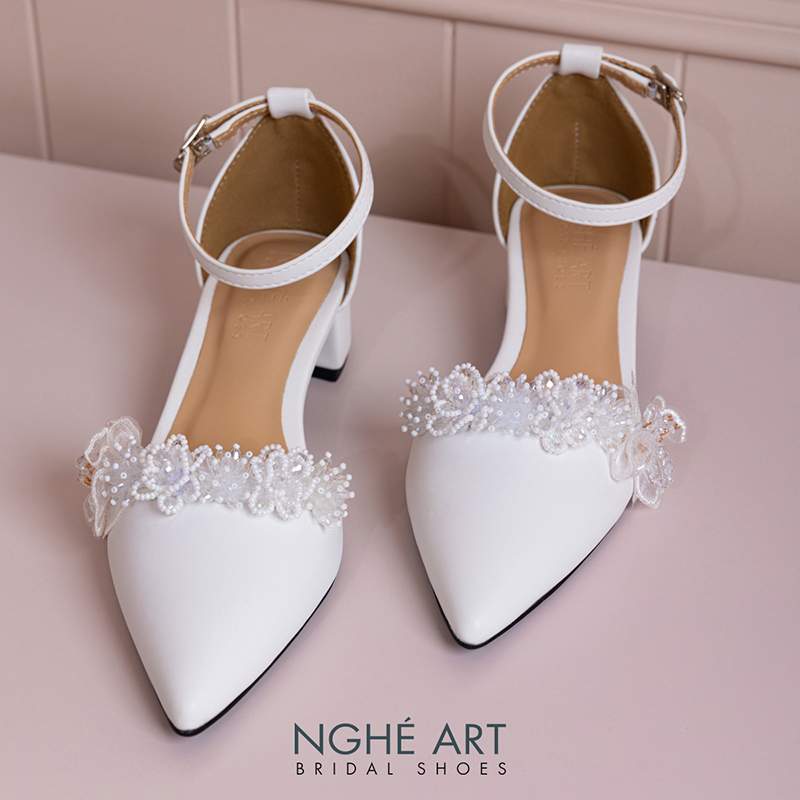 Giày cưới Nghé Art sandal bít mũi 4 cm hoa voan pha lê 571-211-4P-DA-TRANG - Ảnh 1 - Nghé Art Bridal Shoes – 0822288288