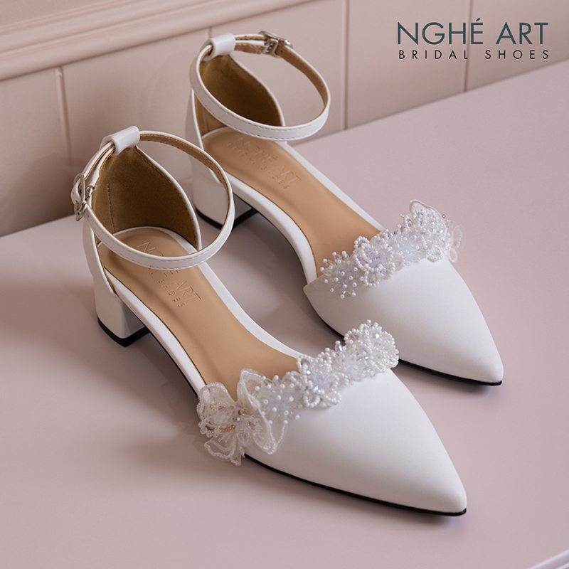 Giày cưới Nghé Art sandal bít mũi 4 cm hoa voan pha lê 571-211-4P-DA-TRANG - Ảnh 2 - Nghé Art Bridal Shoes – 0822288288
