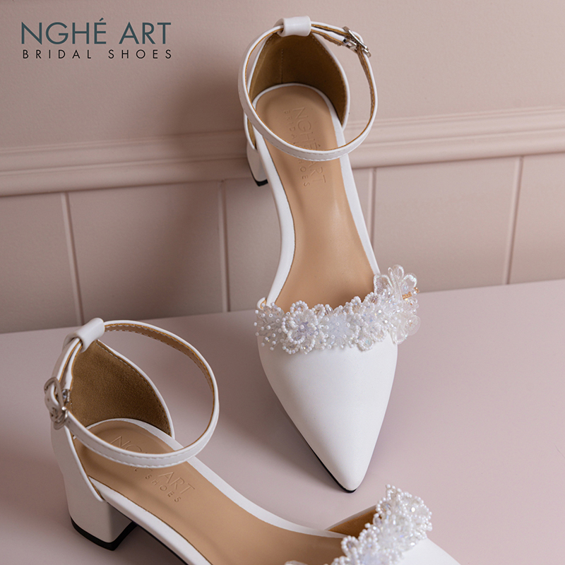 Giày cưới Nghé Art sandal bít mũi 4 cm hoa voan pha lê 571-211-4P-DA-TRANG - Ảnh 3 - Nghé Art Bridal Shoes – 0822288288