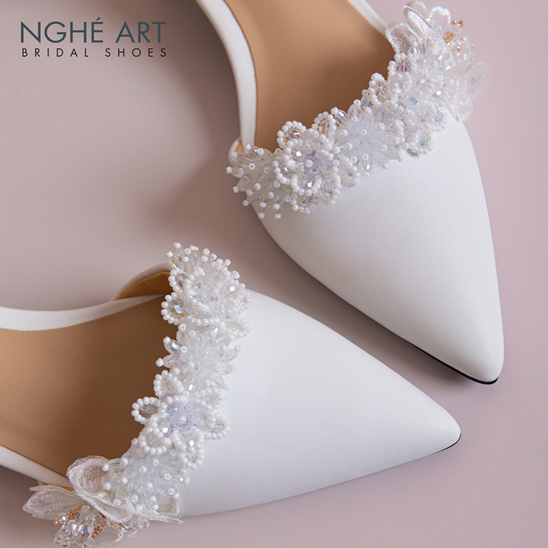 Giày cưới Nghé Art sandal bít mũi 4 cm hoa voan pha lê 571-211-4P-DA-TRANG - Ảnh 4 - Nghé Art Bridal Shoes – 0822288288