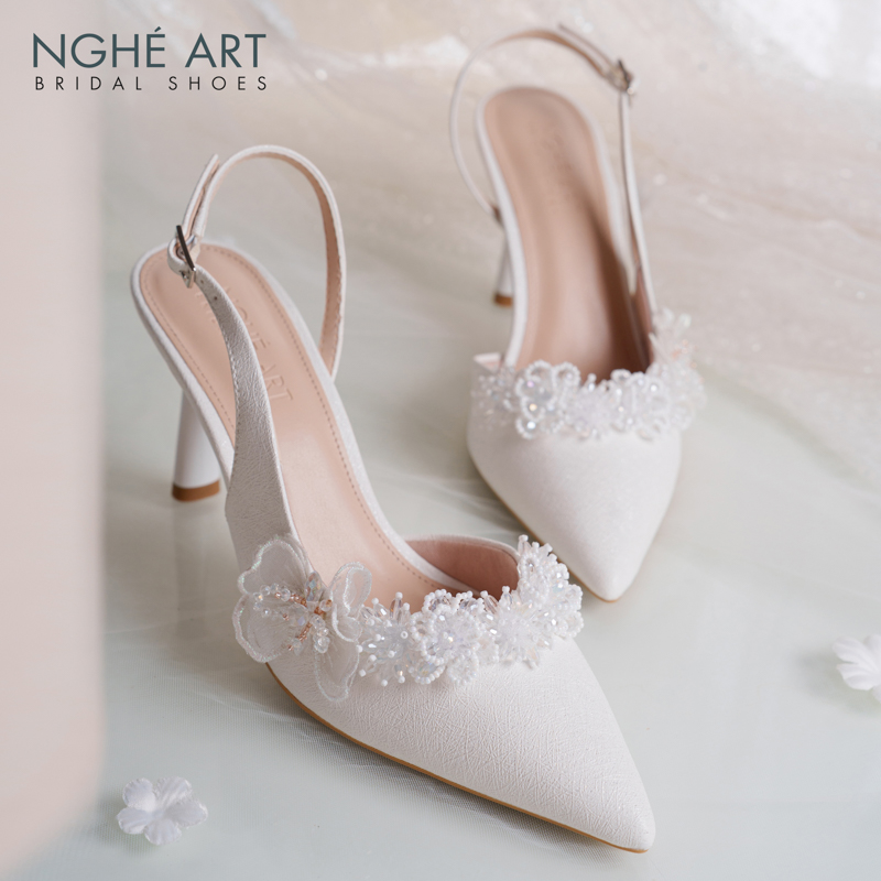 Giày cưới Nghé Art form slingback đính hoa voan pha lê 571-535-NHU-TRANG - Ảnh 1 - Nghé Art Bridal Shoes – 0822288288