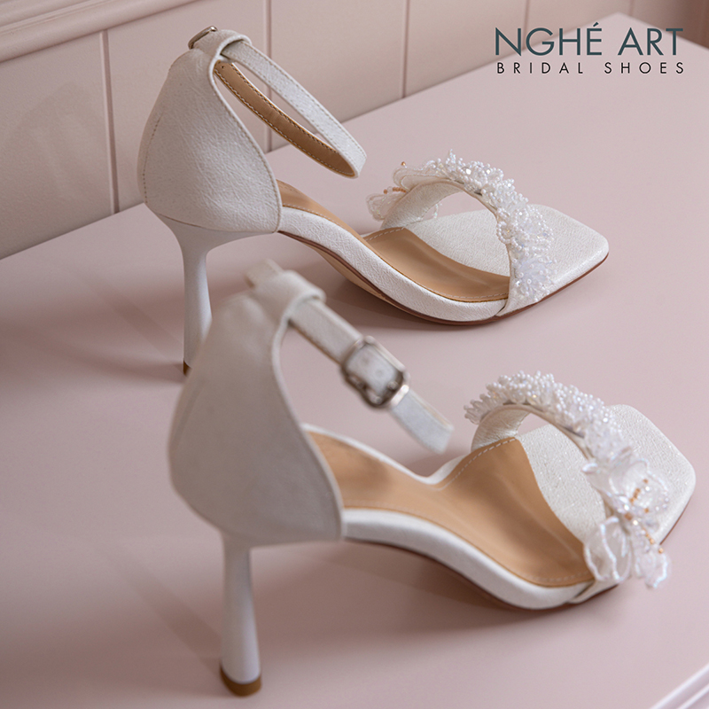 Giày cưới Nghé Art sandal 9 cm hoa voan pha lê 571-566-9P-NHU-TRANG - Ảnh 1 - Nghé Art Bridal Shoes – 0822288288