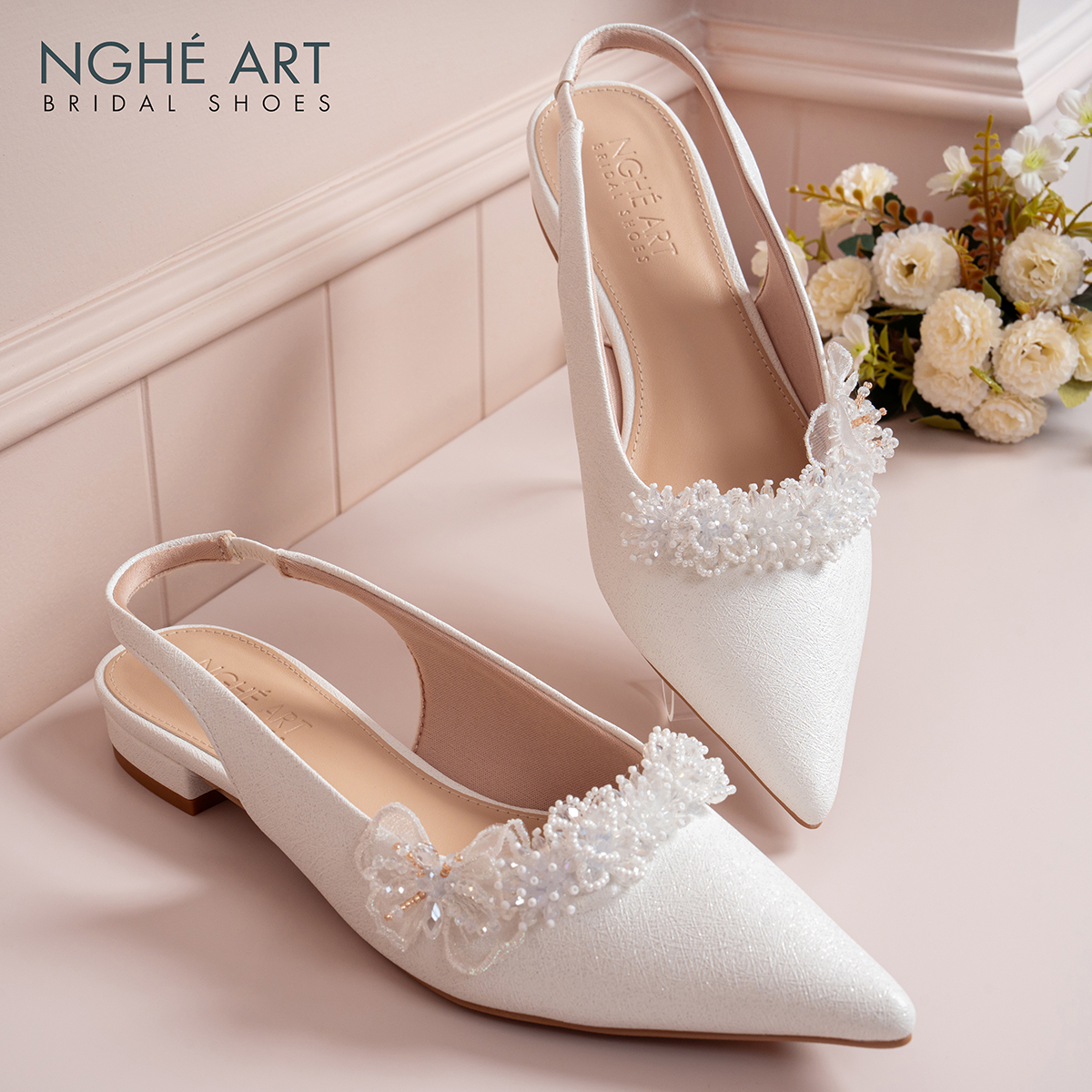 Giày cưới Nghé Art slingback dáng bệt hoa voan pha lê 571-593-2P-NHU-TRANG - Ảnh 1 - Nghé Art Bridal Shoes – 0822288288