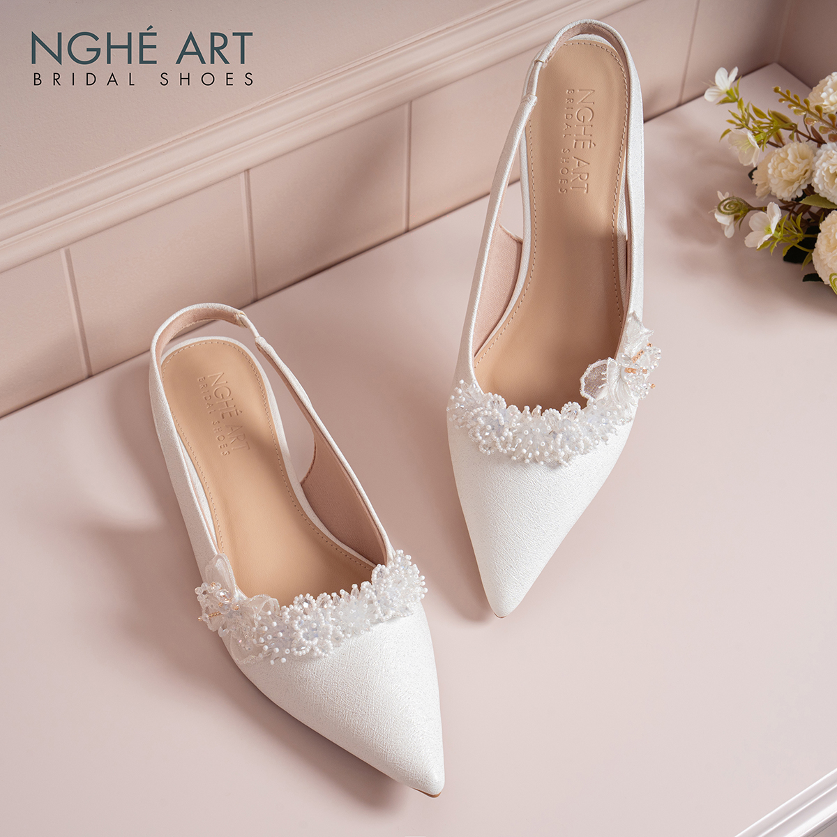 Giày cưới Nghé Art slingback dáng bệt hoa voan pha lê 571-593-2P-NHU-TRANG - Ảnh 2 - Nghé Art Bridal Shoes – 0822288288