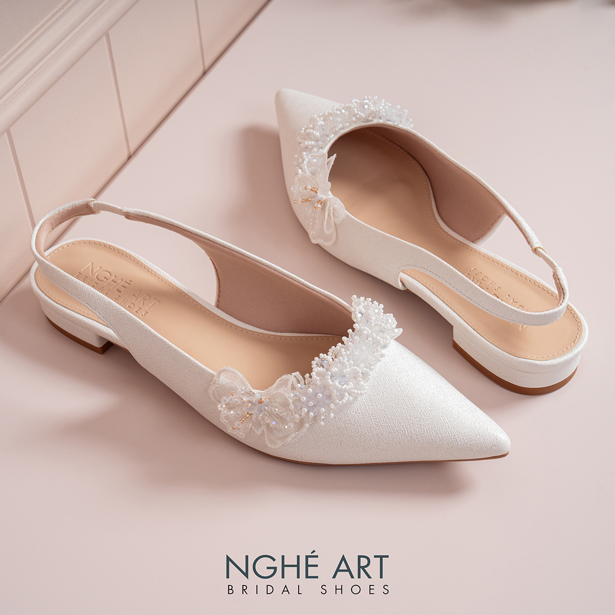 Giày cưới Nghé Art slingback dáng bệt hoa voan pha lê 571-593-2P-NHU-TRANG - Ảnh 3 - Nghé Art Bridal Shoes – 0822288288