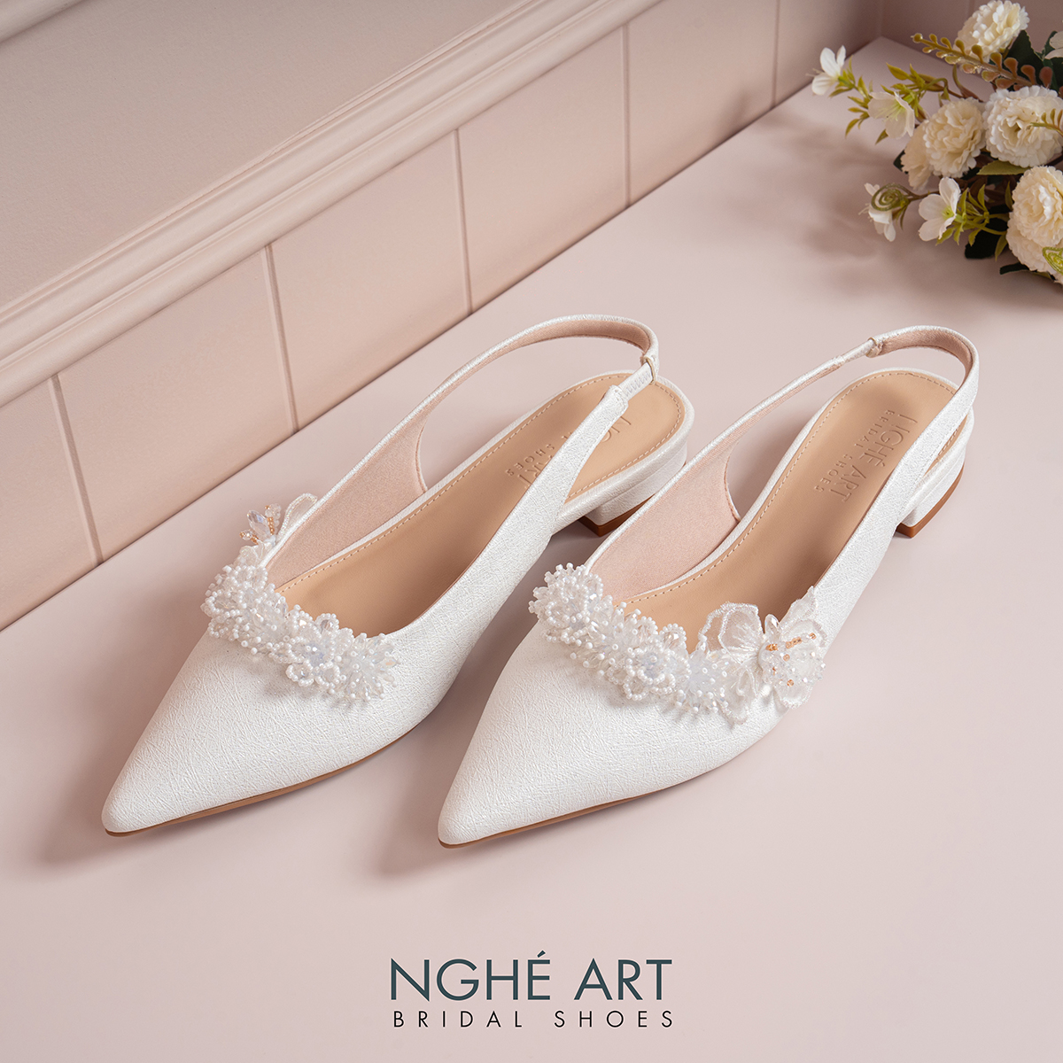 Giày cưới Nghé Art slingback dáng bệt hoa voan pha lê 571-593-2P-NHU-TRANG - Ảnh 4 - Nghé Art Bridal Shoes – 0822288288