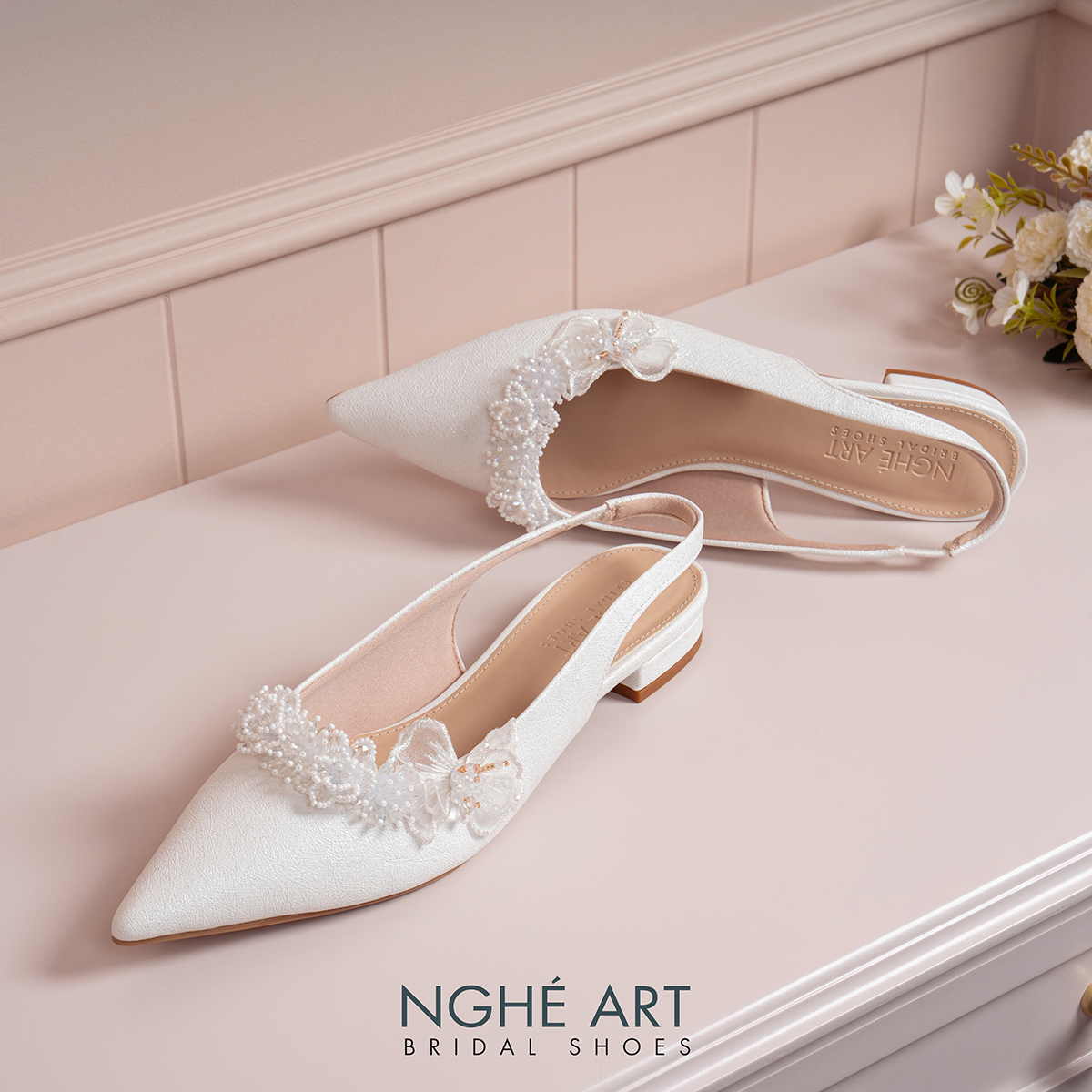 Giày cưới Nghé Art slingback dáng bệt hoa voan pha lê 571-593-2P-NHU-TRANG - Ảnh 5 - Nghé Art Bridal Shoes – 0822288288