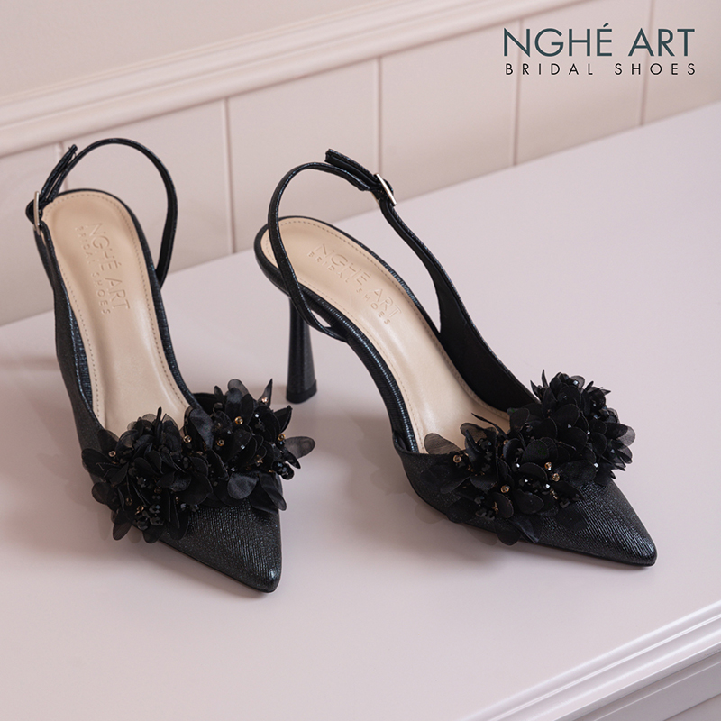 Giày cưới Nghé Art slingback cụm hoa voan pha lê 573-DEN-535-NHU-DEN - Ảnh 1 - Nghé Art Bridal Shoes – 0822288288
