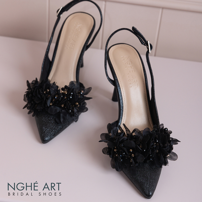 Giày cưới Nghé Art slingback cụm hoa voan pha lê 573-DEN-535-NHU-DEN - Ảnh 2 - Nghé Art Bridal Shoes – 0822288288