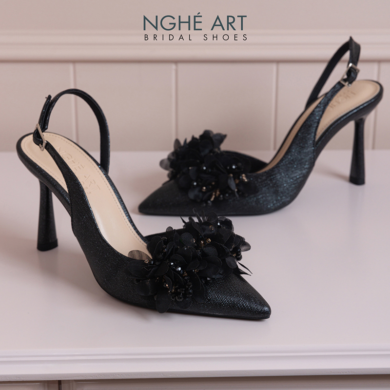 Giày cưới Nghé Art slingback cụm hoa voan pha lê 573-DEN-535-NHU-DEN - Ảnh 3 - Nghé Art Bridal Shoes – 0822288288