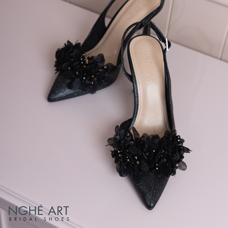 Giày cưới Nghé Art slingback cụm hoa voan pha lê 573-DEN-535-NHU-DEN - Ảnh 4 - Nghé Art Bridal Shoes – 0822288288