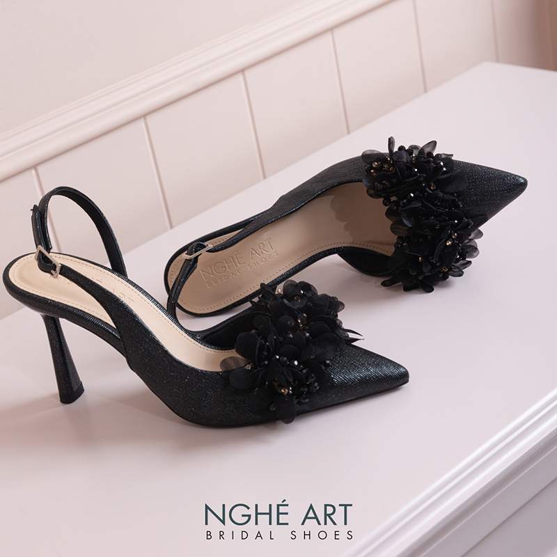 Giày cưới Nghé Art slingback cụm hoa voan pha lê 573-DEN-535-NHU-DEN - Ảnh 5 - Nghé Art Bridal Shoes – 0822288288