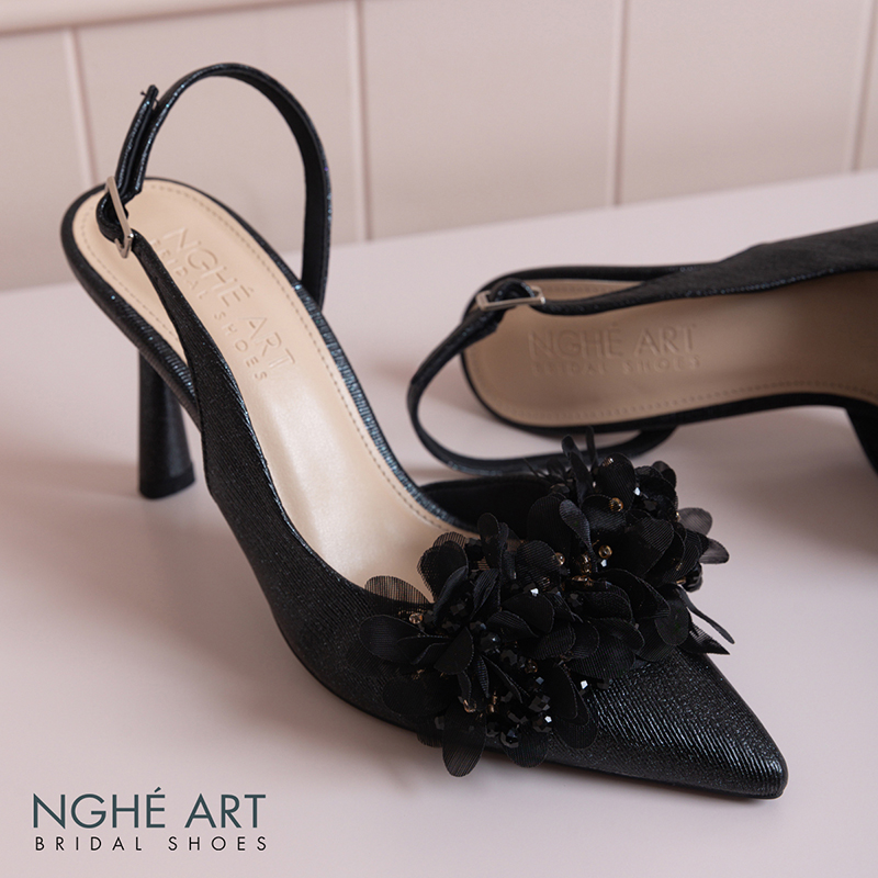 Giày cưới Nghé Art slingback cụm hoa voan pha lê 573-DEN-535-NHU-DEN - Ảnh 6 - Nghé Art Bridal Shoes – 0822288288