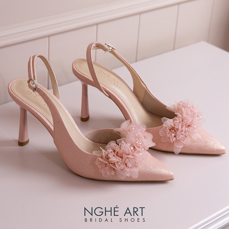 Giày cưới Nghé Art slingback cụm hoa voan pha lê 573-HONG-535-NHU-HONG - Ảnh 1 - Nghé Art Bridal Shoes – 0822288288