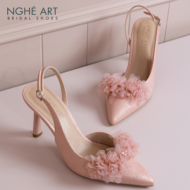 Giày cưới Nghé Art slingback cụm hoa voan pha lê 573-HONG-535-NHU-HONG - Ảnh 2 - Nghé Art Bridal Shoes – 0822288288