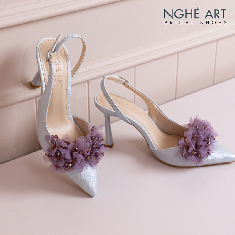 Giày cưới Nghé Art slingback cụm hoa voan pha lê 573-TIM-535-NHU-XAM - Ảnh 1 - Nghé Art Bridal Shoes – 0822288288