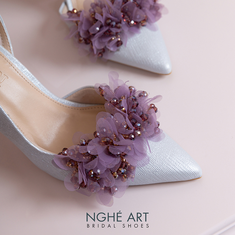 Giày cưới Nghé Art slingback cụm hoa voan pha lê 573-TIM-535-NHU-XAM - Ảnh 2 - Nghé Art Bridal Shoes – 0822288288