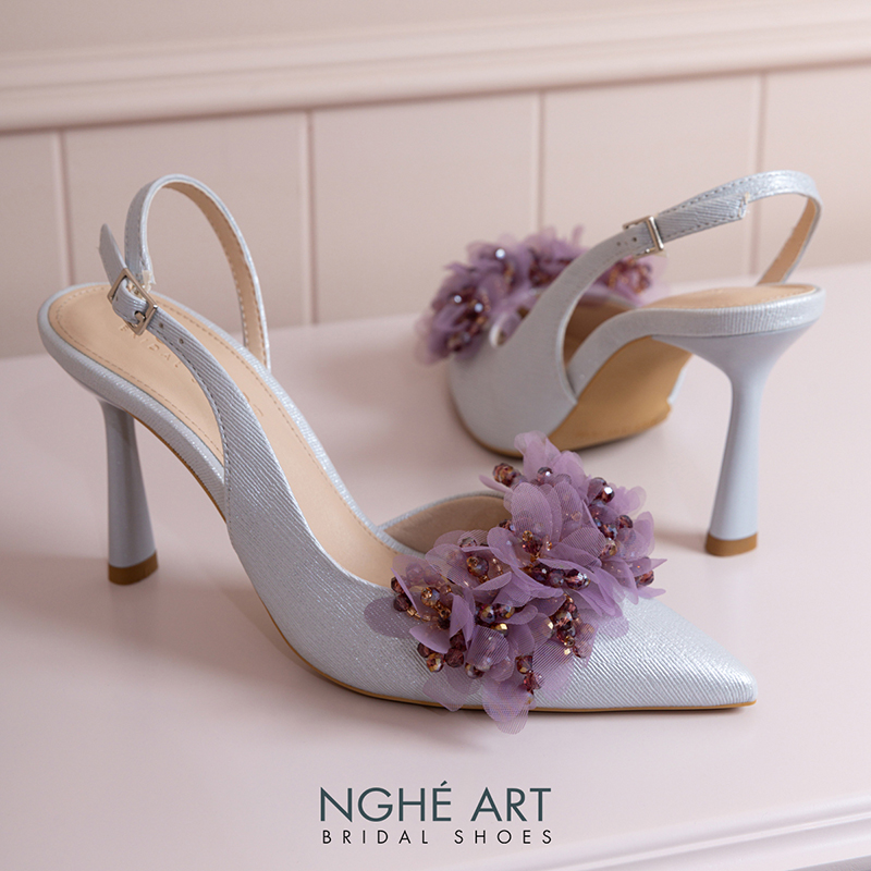 Giày cưới Nghé Art slingback cụm hoa voan pha lê 573-TIM-535-NHU-XAM - Ảnh 3 - Nghé Art Bridal Shoes – 0822288288
