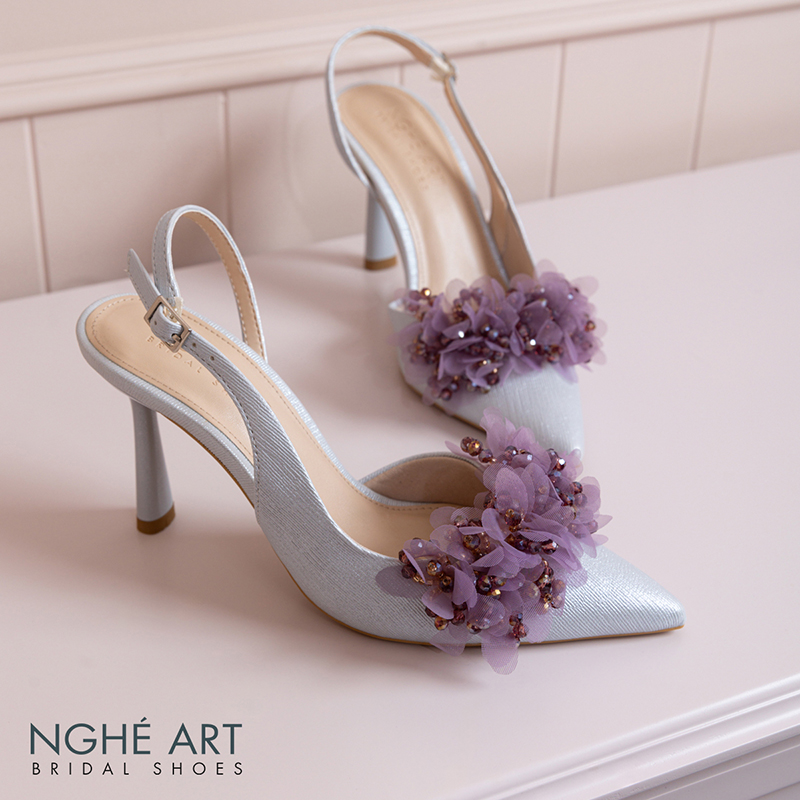 Giày cưới Nghé Art slingback cụm hoa voan pha lê 573-TIM-535-NHU-XAM - Ảnh 4 - Nghé Art Bridal Shoes – 0822288288