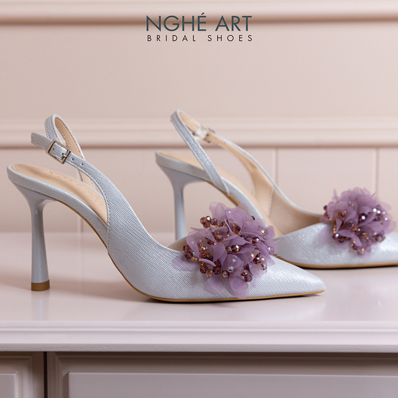 Giày cưới Nghé Art slingback cụm hoa voan pha lê 573-TIM-535-NHU-XAM - Ảnh 5 - Nghé Art Bridal Shoes – 0822288288