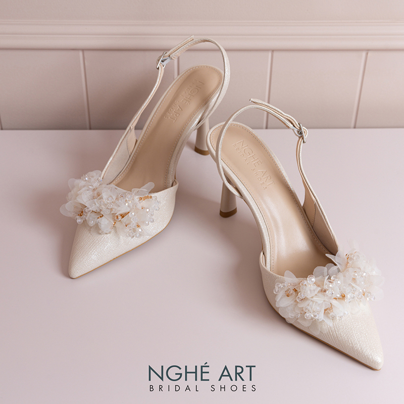 Giày cưới Nghé Art slingback cụm hoa voan pha lê 573-VANG-535-NHU-VANG - Ảnh 3 - Nghé Art Bridal Shoes – 0822288288