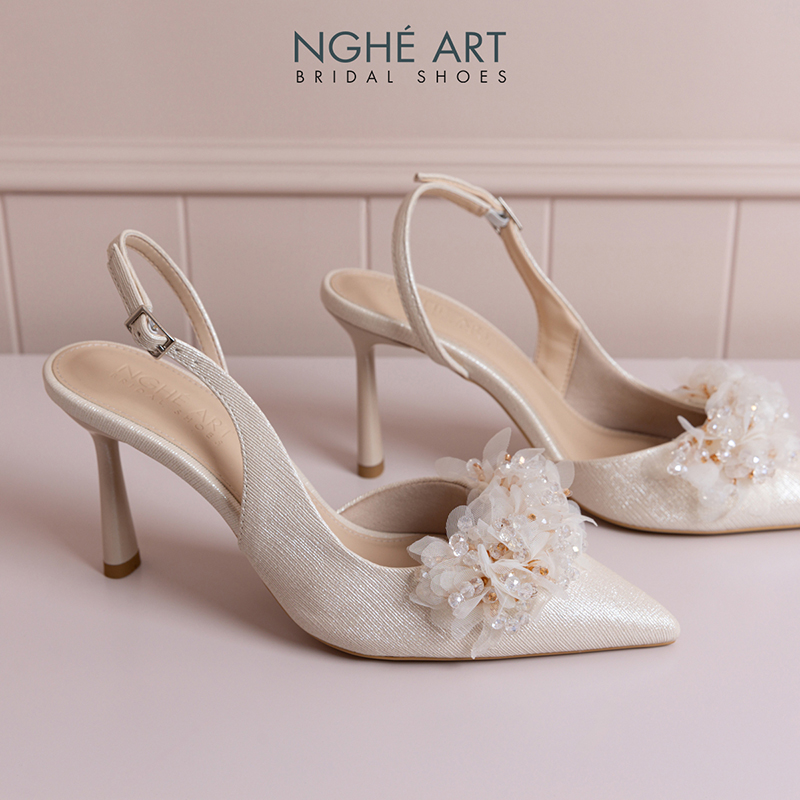 Giày cưới Nghé Art slingback cụm hoa voan pha lê 573-VANG-535-NHU-VANG - Ảnh 4 - Nghé Art Bridal Shoes – 0822288288