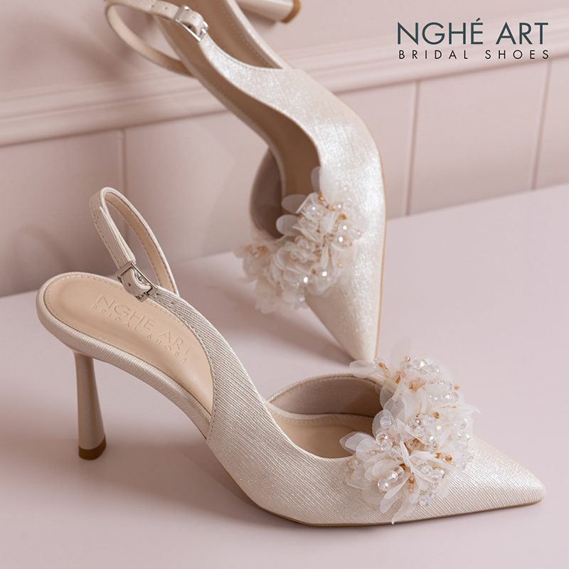 Giày cưới Nghé Art slingback cụm hoa voan pha lê 573-VANG-535-NHU-VANG - Ảnh 5 - Nghé Art Bridal Shoes – 0822288288