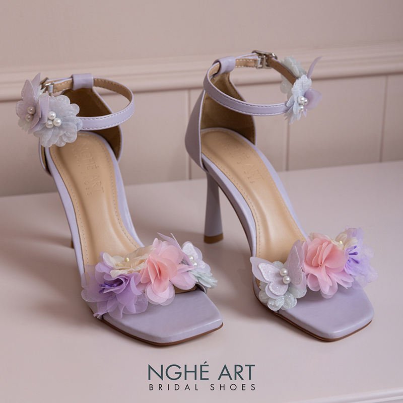 Giày cưới Nghé Art sandal tím pastel hoa voan hồng vàng xanh 574-566-9P-DA-TIM - Ảnh 1 - Nghé Art Bridal Shoes – 0822288288