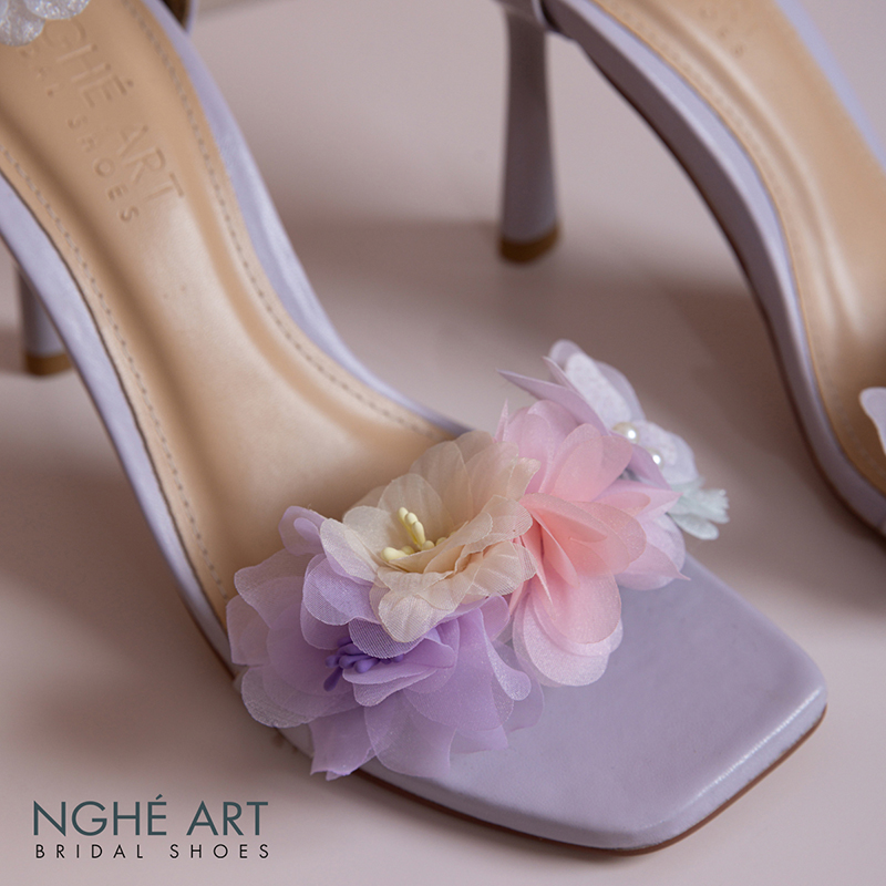 Giày cưới Nghé Art sandal tím pastel hoa voan hồng vàng xanh 574-566-9P-DA-TIM - Ảnh 2 - Nghé Art Bridal Shoes – 0822288288