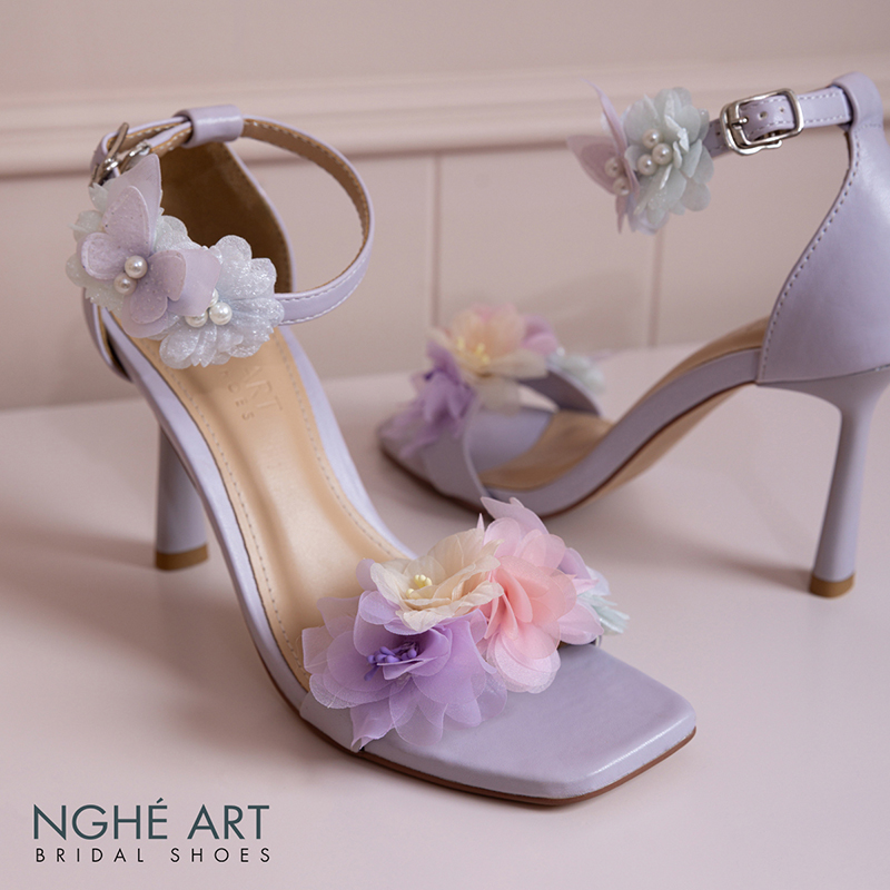 Giày cưới Nghé Art sandal tím pastel hoa voan hồng vàng xanh 574-566-9P-DA-TIM - Ảnh 3 - Nghé Art Bridal Shoes – 0822288288