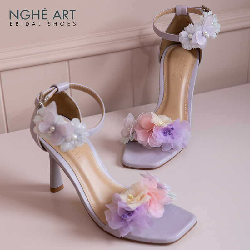 Giày cưới Nghé Art sandal tím pastel hoa voan hồng vàng xanh 574-566-9P-DA-TIM - Ảnh 4 - Nghé Art Bridal Shoes – 0822288288