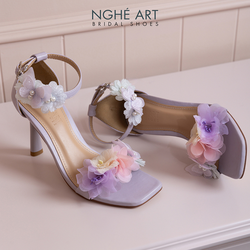 Giày cưới Nghé Art sandal tím pastel hoa voan hồng vàng xanh 574-566-9P-DA-TIM - Ảnh 5 - Nghé Art Bridal Shoes – 0822288288