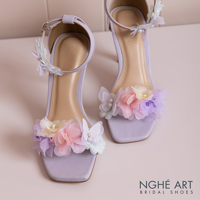 Giày cưới Nghé Art sandal tím pastel hoa voan hồng vàng xanh 574-566-9P-DA-TIM - Ảnh 6 - Nghé Art Bridal Shoes – 0822288288