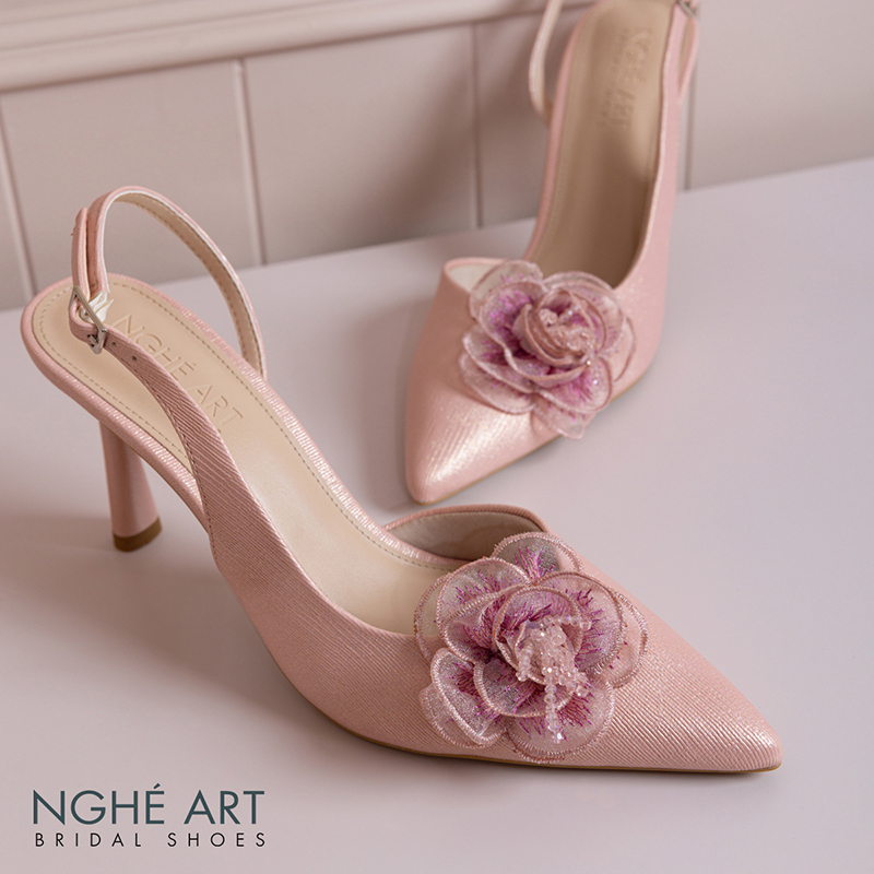 Giày cưới Nghé Art slingback hoa hồng phối pha lê 575-HONG-535-NHU-HONG - Ảnh 2 - Nghé Art Bridal Shoes – 0822288288