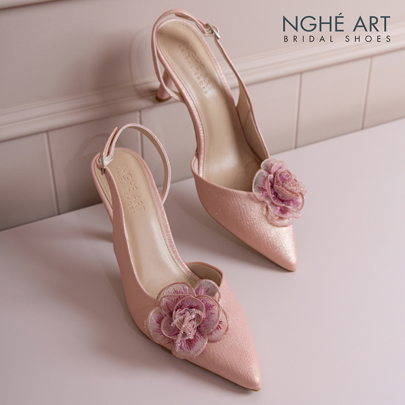 Giày cưới Nghé Art slingback hoa hồng phối pha lê 575-HONG-535-NHU-HONG - Ảnh 3 - Nghé Art Bridal Shoes – 0822288288
