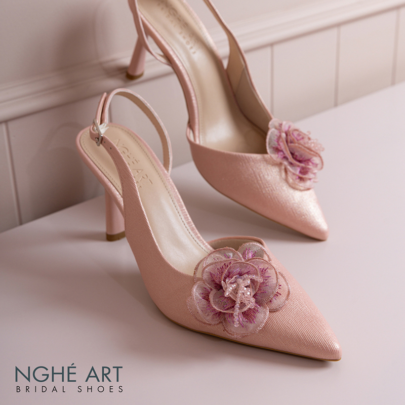 Giày cưới Nghé Art slingback hoa hồng phối pha lê 575-HONG-535-NHU-HONG - Ảnh 4 - Nghé Art Bridal Shoes – 0822288288