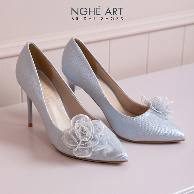 Giày cưới Nghé Art 10 cm hoa hồng phối pha lê 575-XAM-377-10P-NHU-XAM - Ảnh 1 - Nghé Art Bridal Shoes – 0822288288