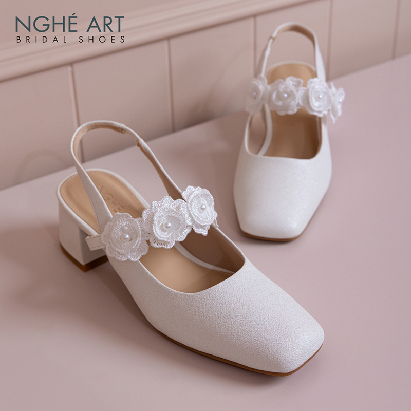 Giày cưới Nghé Art slingback 5 cm quai đính hoa 576-565-5P-NHU-TRANG - Ảnh 1 - Nghé Art Bridal Shoes – 0822288288