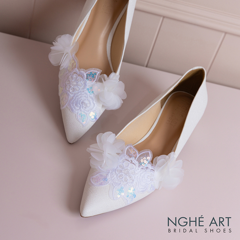 Giày cưới Nghé Art ren kim sa trắng phối hoa voan 577-274-4P-NHU-TRANG - Ảnh 5 - Nghé Art Bridal Shoes – 0822288288