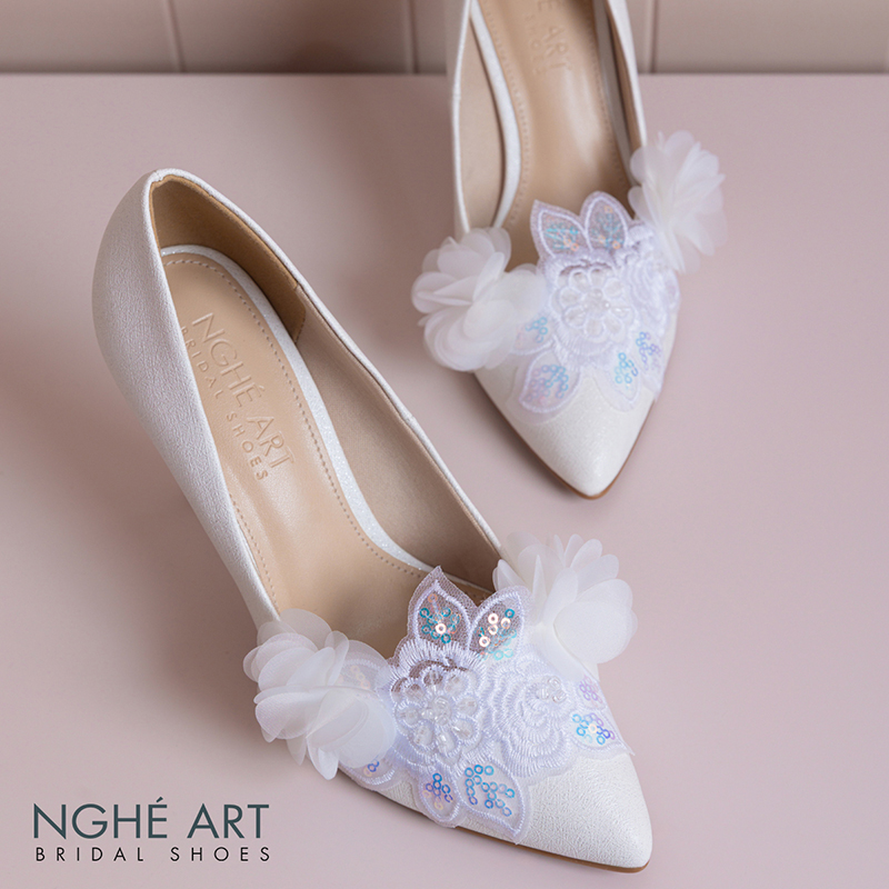 Giày cưới Nghé Art 10 cm ren kim sa trắng phối hoa voan 577-377-10P-NHU-TRANG - Ảnh 1 - Nghé Art Bridal Shoes – 0822288288