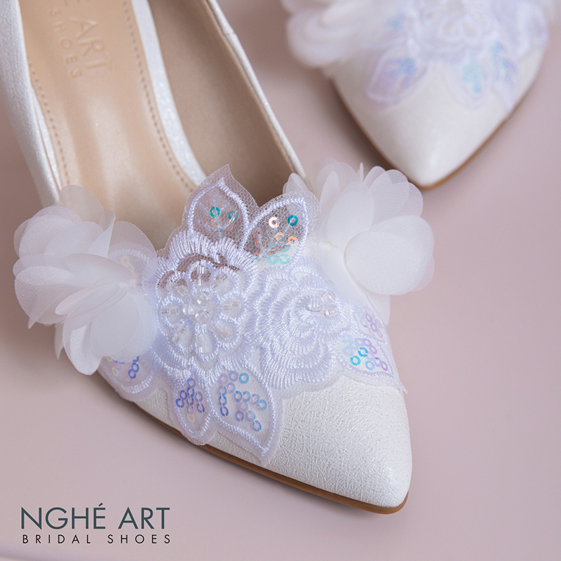 Giày cưới Nghé Art 10 cm ren kim sa trắng phối hoa voan 577-377-10P-NHU-TRANG - Ảnh 2 - Nghé Art Bridal Shoes – 0822288288